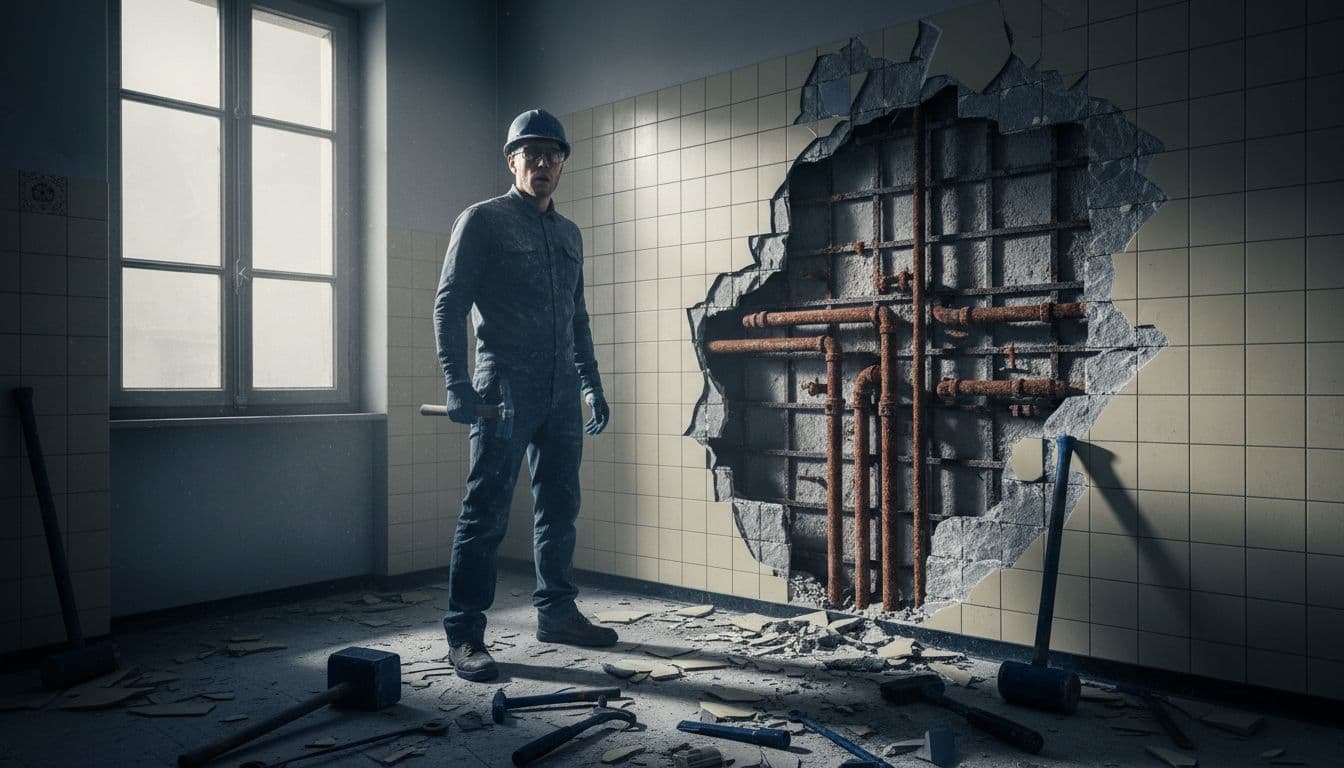 A construction worker in a Geneva apartment bathroom under demolition uncovers rusted pipes behind tiles, with scattered tools and a surprised expression, in cinematic style with dramatic window lighting and high contrast.