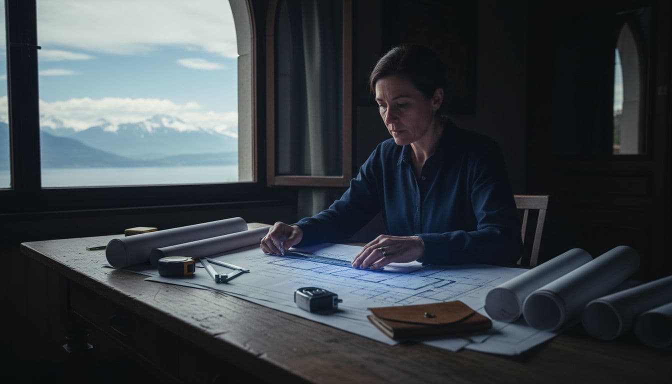 A Swiss structural engineer sits at a wooden table examining detailed plans of an ancient Geneva apartment, surrounded by measuring tools and natural light from a window overlooking Lake Geneva, in a cinematic style with dramatic contrast.