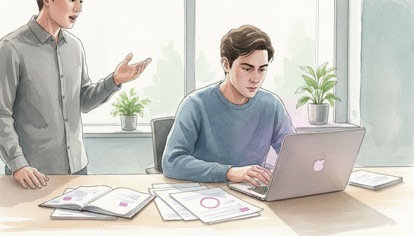 Watercolor of focused leader at desk with laptop and notes, interrupted by standing colleague gesturing nearby.
