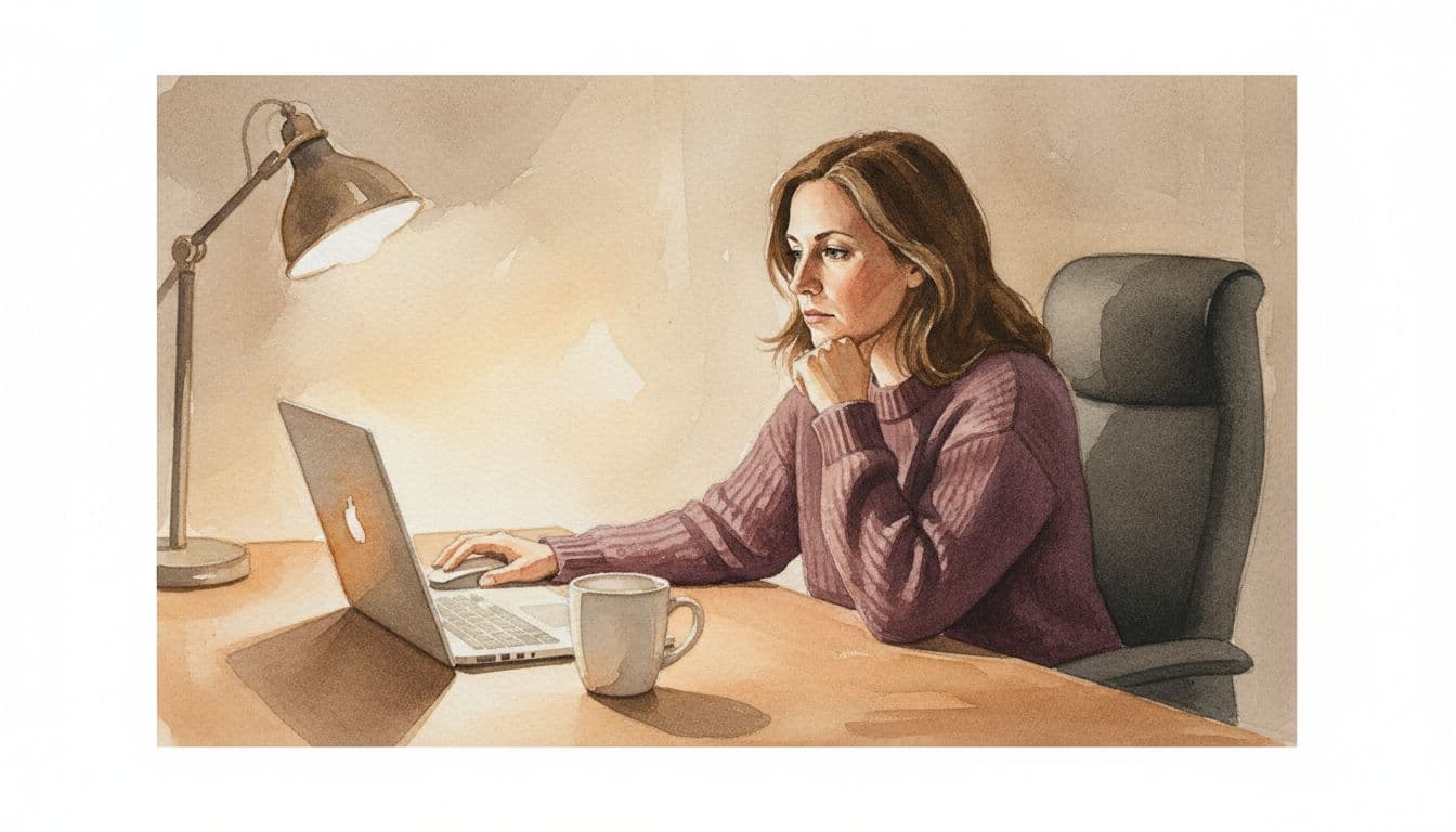A thoughtful woman in her 40s, an introverted leader, sits at her home office desk late evening with a softly glowing laptop, relaxed hand on mouse but tense shoulders, empty coffee mug nearby, in watercolor style with warm lighting.