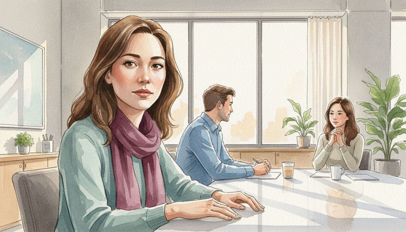 A thoughtful introverted leader in a modern office meeting room keenly observes subtle team dynamics, with two colleagues showing varied expressions in the background, rendered in watercolor style with warm lighting.