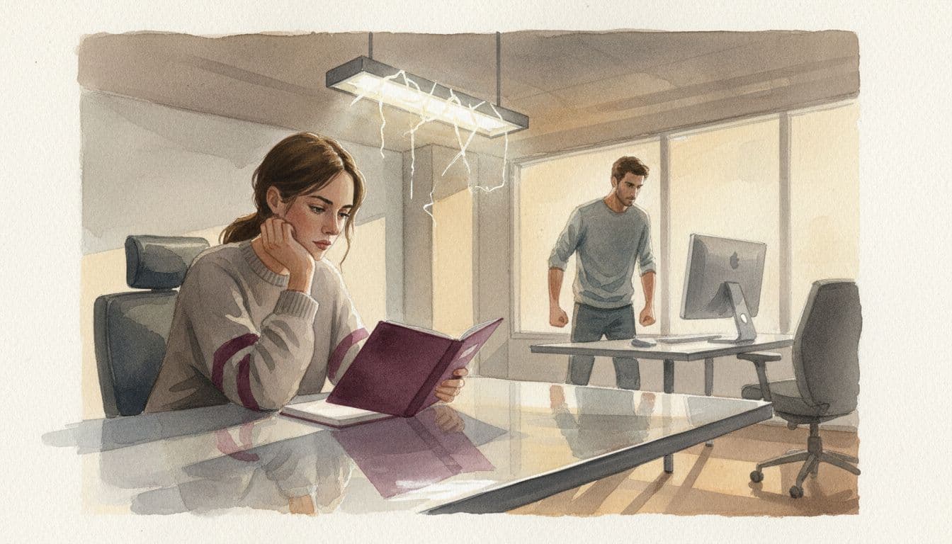 A highly sensitive person sits thoughtfully at a desk in a modern office amid subtle sensory overload cues like a flickering fluorescent light and tense colleague in the background, rendered in soft watercolor style with warm lighting and visible brush texture.