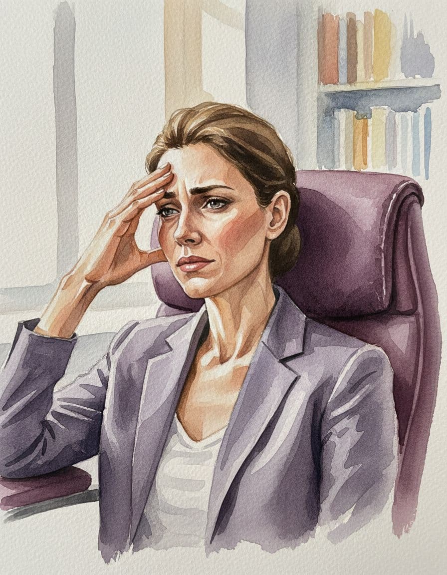 Watercolor close-up of leader in office chair with clenched jaw, raised shoulders, hand on forehead, thoughtful eyes.