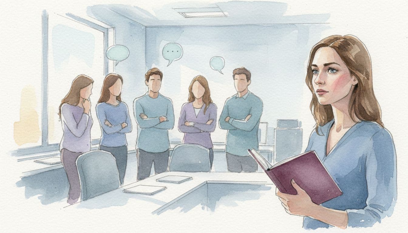 A highly sensitive person (HSP) with a thoughtful gaze notices subtle emotional tension, body language, and tones in an office team huddle, foreground observer sharp while group blurred, watercolor style with soft brushwork blending and even lighting.