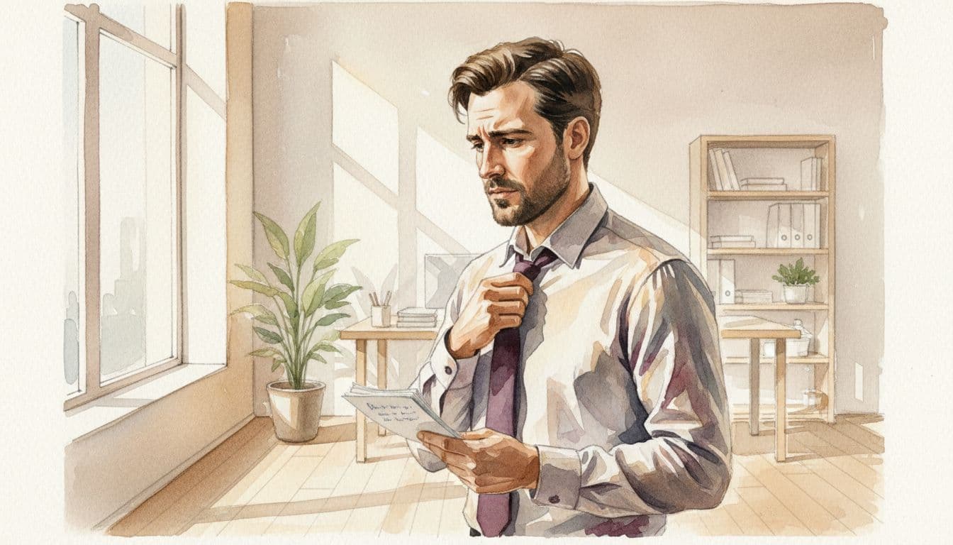 A highly sensitive leader man in his 30s stands in a quiet office, one hand adjusting his tie loosely, the other holding notes relaxed, forehead slightly furrowed with subtle tension, in watercolor style with soft blending and natural daylight.