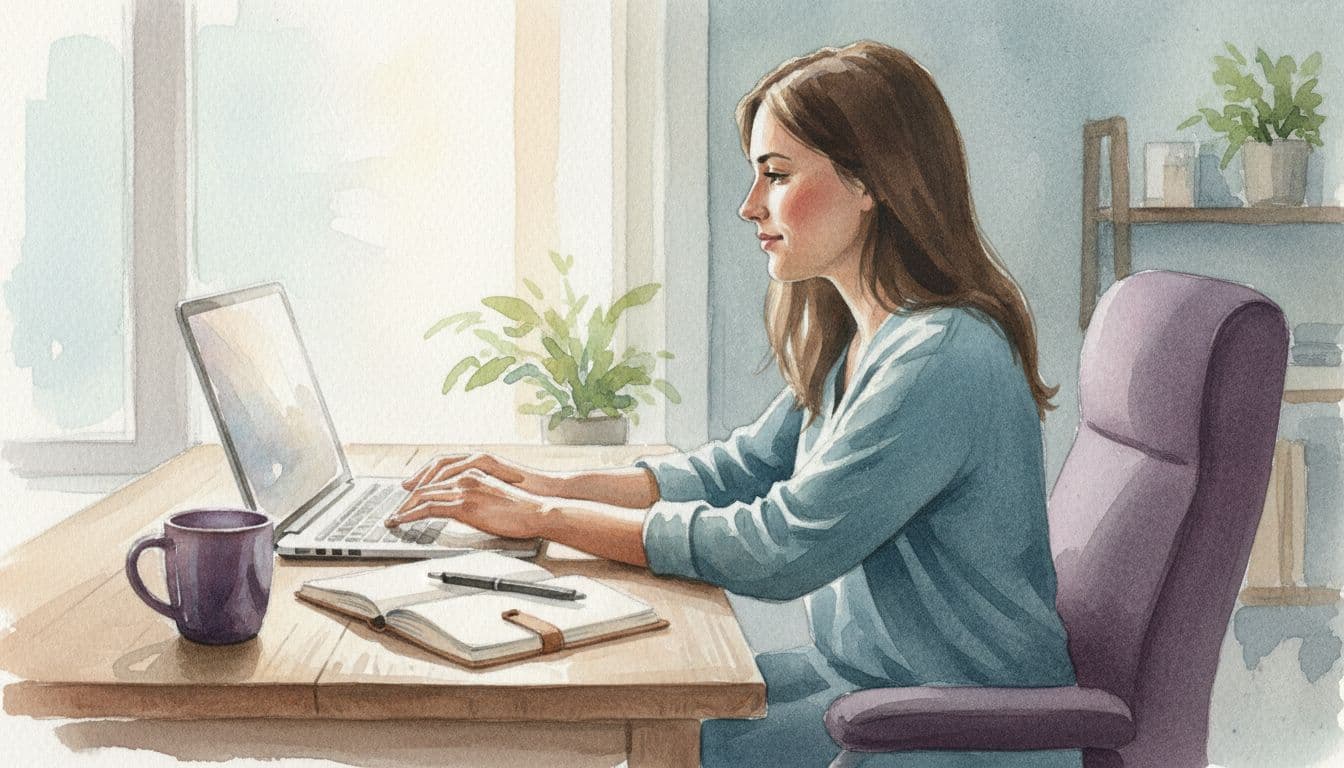An introverted leader sits thoughtfully at a quiet home office desk, typing a well-crafted email on a laptop with a calm, focused side-profile expression. Watercolor style features soft blending, brush textures, morning light, notebook, pen, and coffee mug nearby.