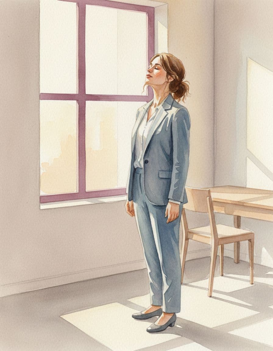 Leader stands by office window taking deep breath, hands at sides, calm expression in watercolor style.
