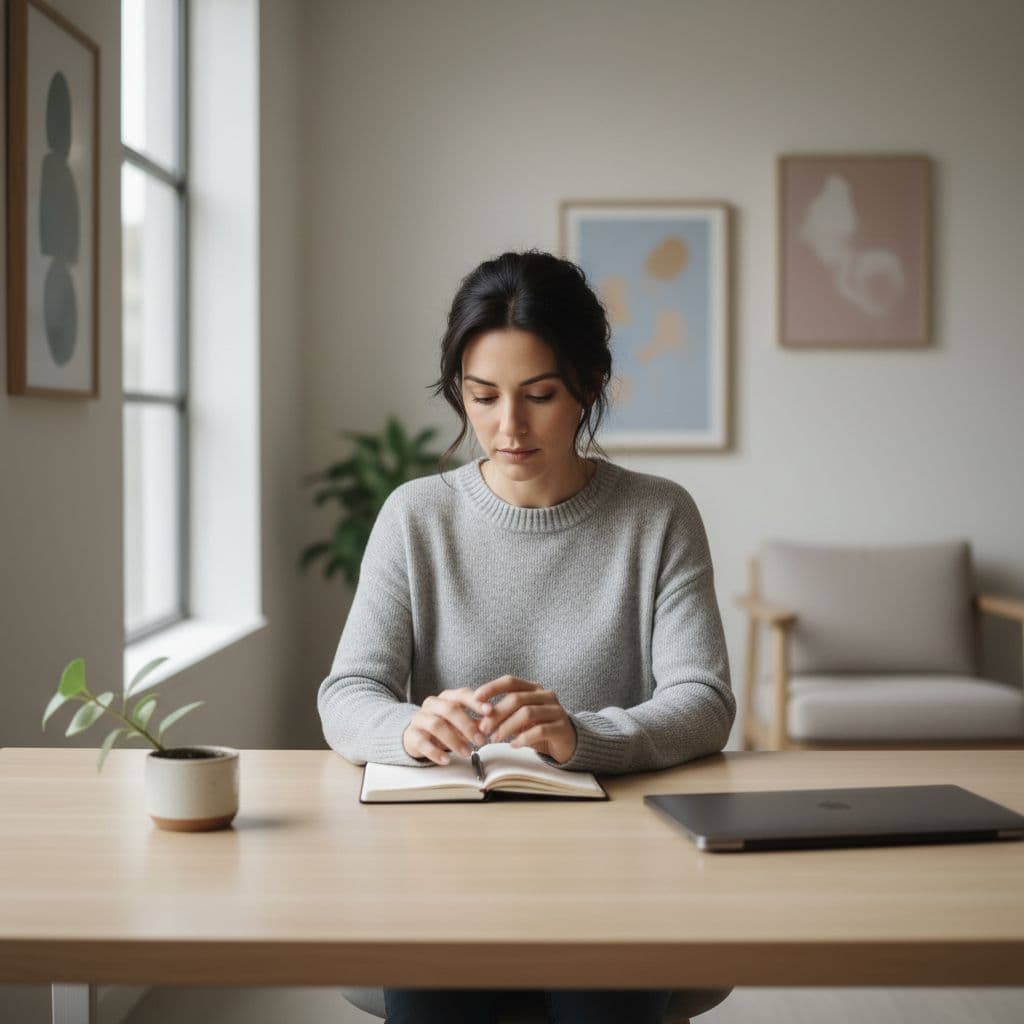 A focused professional sits at a minimalist desk in a quiet office filled with natural light.