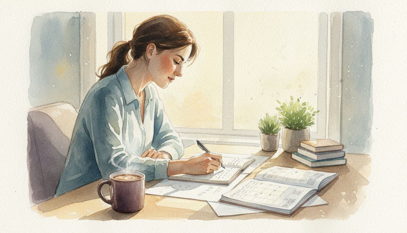 Focused leader writes priorities in notebook at sunlit home office desk with coffee mug and planner, watercolor style.