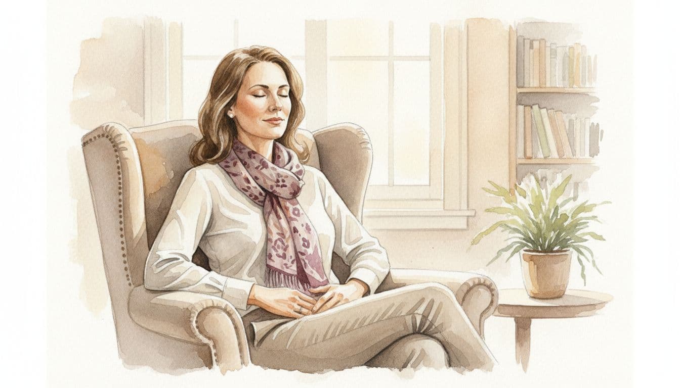 An introverted female leader in her 40s seated comfortably in a chair before a meeting, eyes closed practicing slow breathing with hands on abdomen, serene expression in soft room light, watercolor style with neutral warm palette.