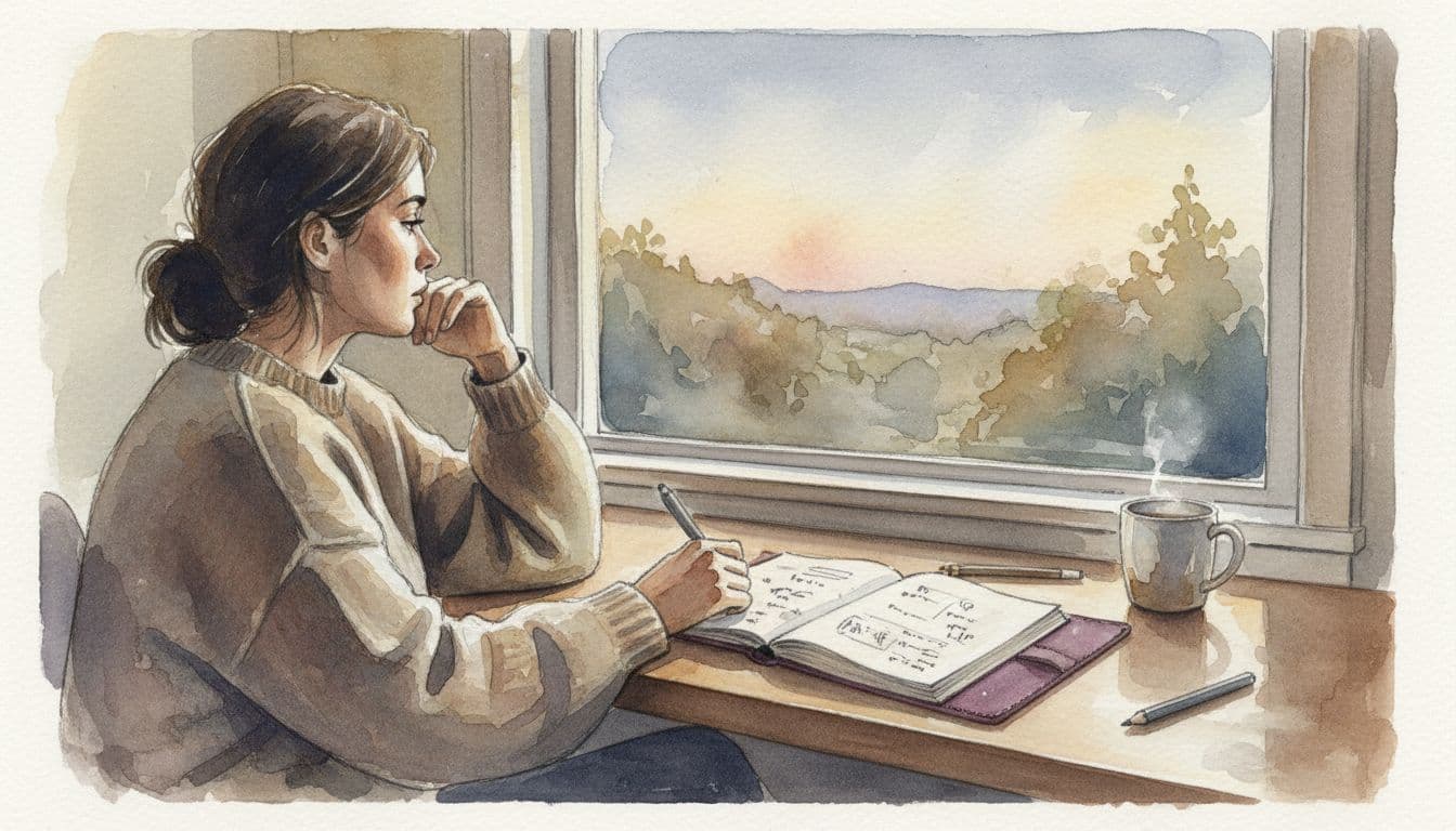Introverted leader relaxes at desk with purple notepad, gazes thoughtfully out window in soft evening watercolor light.