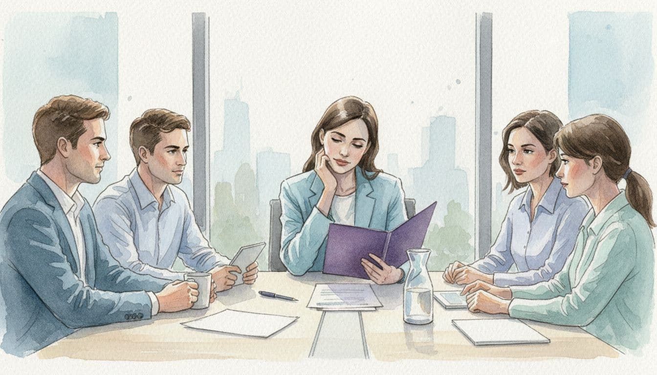 An introverted leader leans forward with hand on chin, pausing thoughtfully before speaking in a modern office team meeting, surrounded by three attentive team members at a conference table. Rendered in watercolor style with soft blending, visible brush texture, even lighting, and #60364F accent color.