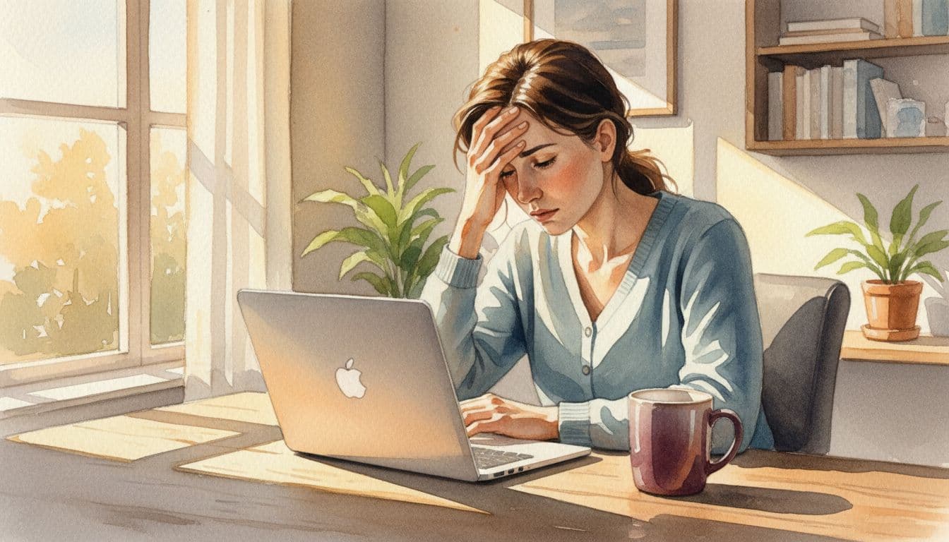 Tired leader with hand on forehead sits at wooden desk in quiet office, open laptop and coffee mug nearby, sunlight casting long shadows.