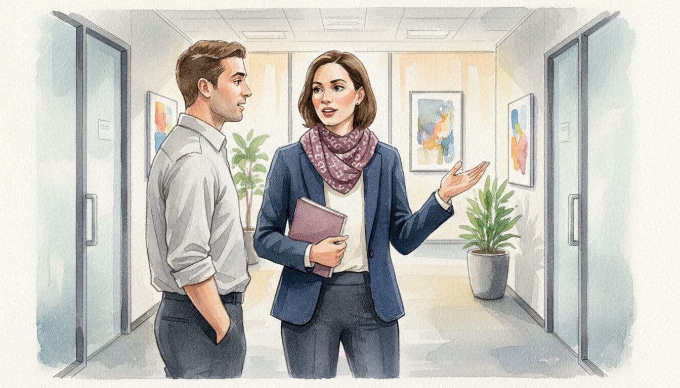 Watercolor of composed leader in professional attire gesturing firmly yet kindly to colleague in office hallway.