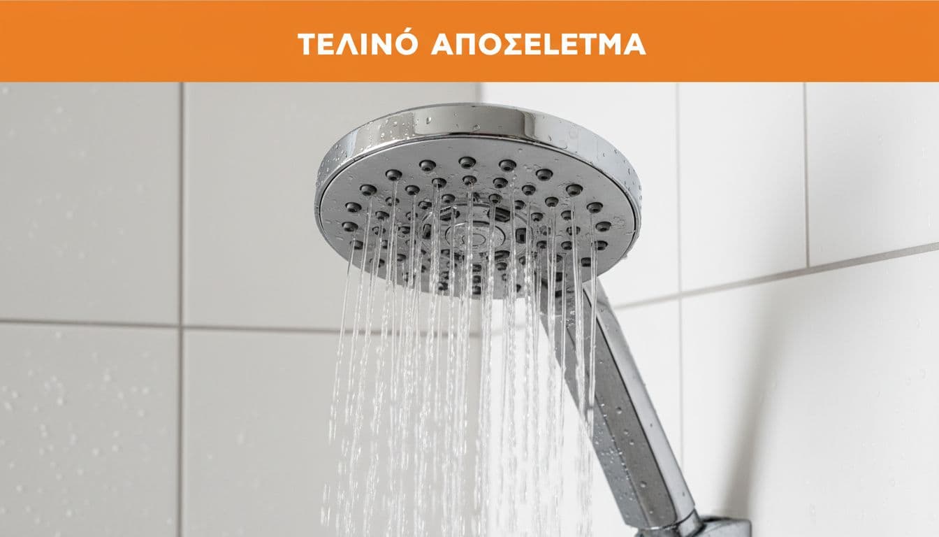 Close-up of a clean, shiny shower head spraying clear water from all nozzles with sparkling droplets in a tiled bathroom shower area under natural lighting, showcasing fresh effective result. Features bold 'Τελικό Αποτέλεσμα' headline in orange band at top.