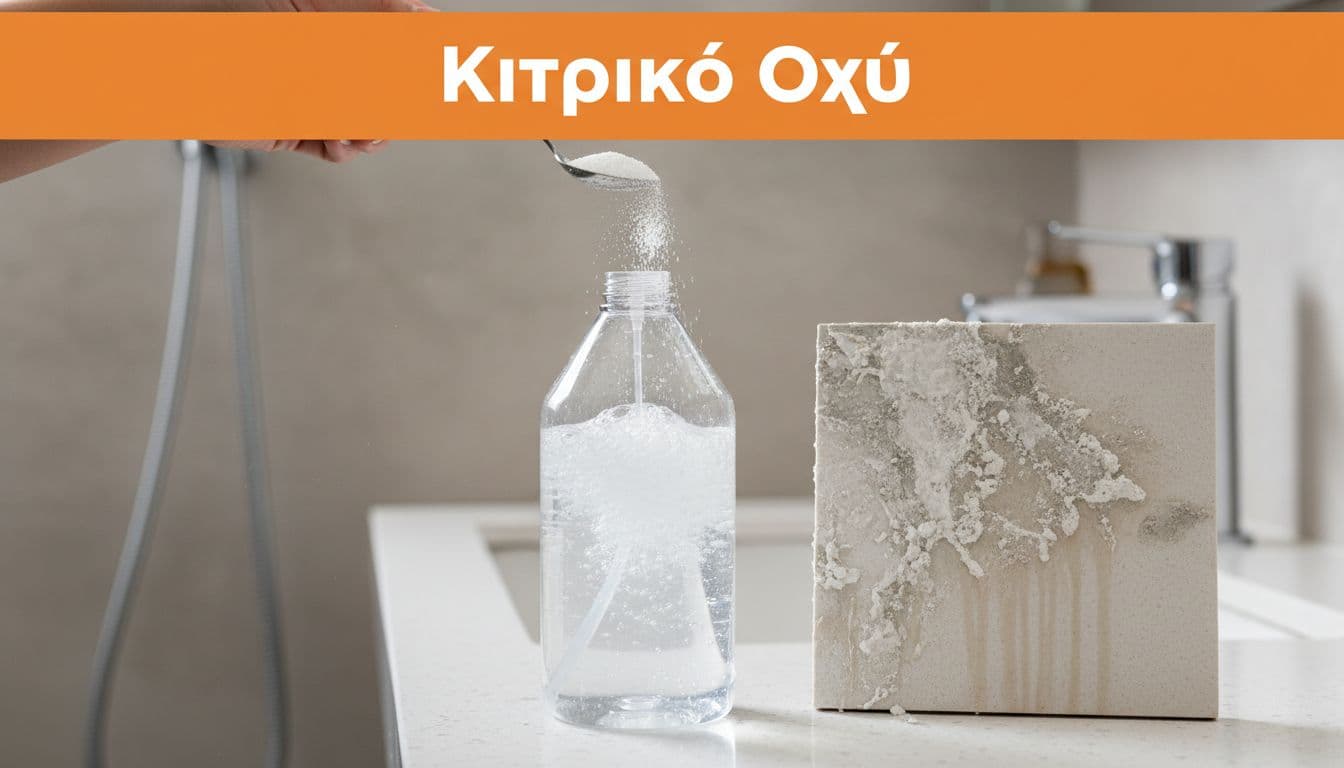 Powdered citric acid mixed with water in a spray bottle beside a limescale-covered shower wall tile on a modern bathroom counter, photorealistic with bright lighting and a bold orange headline band reading 'Κιτρικό Οξύ' at the top.
