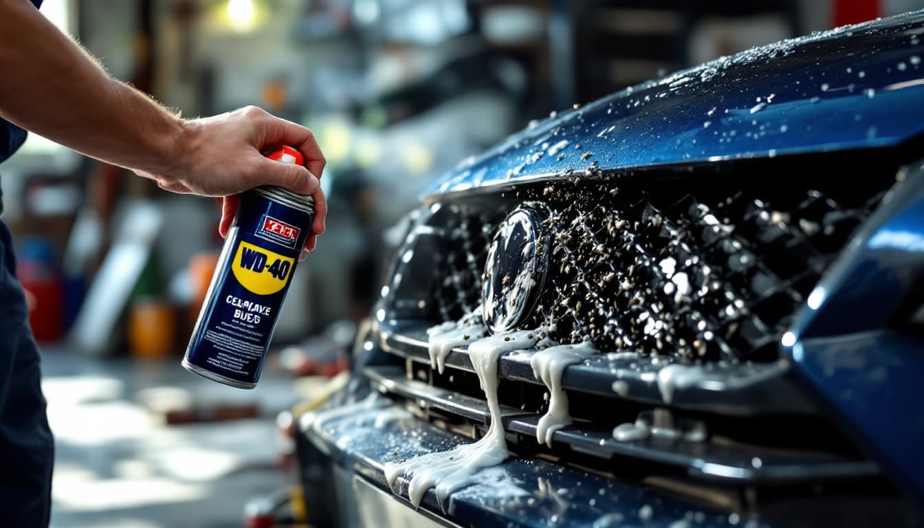 WD-40 στο σπίτι: 13 έξυπνες χρήσεις που σου λύνουν τα χέρια 2 Ψεκασμός WD-40 στη μάσκα αυτοκινήτου για εύκολο καθάρισμα από έντομα. Εικόνα δημιουργημένη με AI