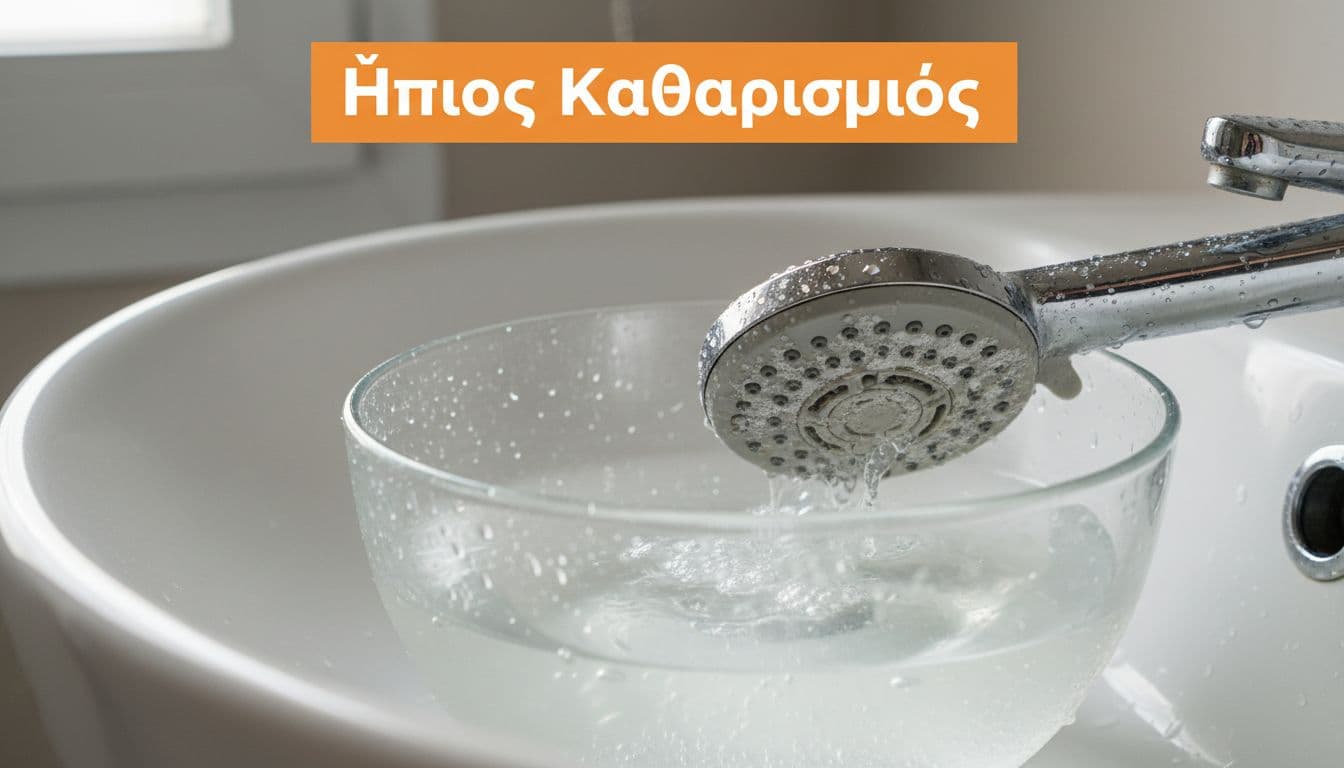 Close-up of a limescale-covered shower head soaking in white vinegar in a bathroom sink, realistic household cleaning scene with soft daylight and bold Greek headline on orange band.
