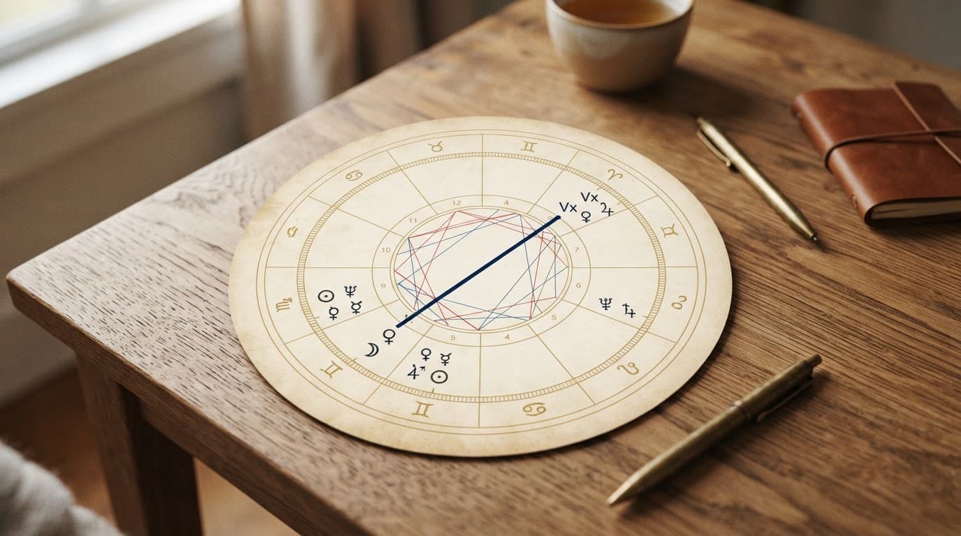 A minimalist astrology chart wheel on a wooden desk under warm light.