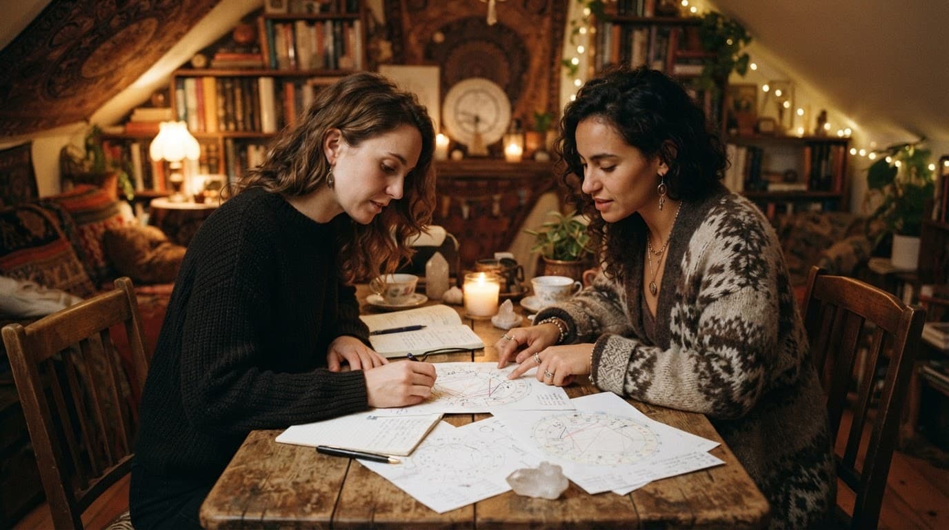 Two people study astrology charts together at a wooden table in a cozy room.