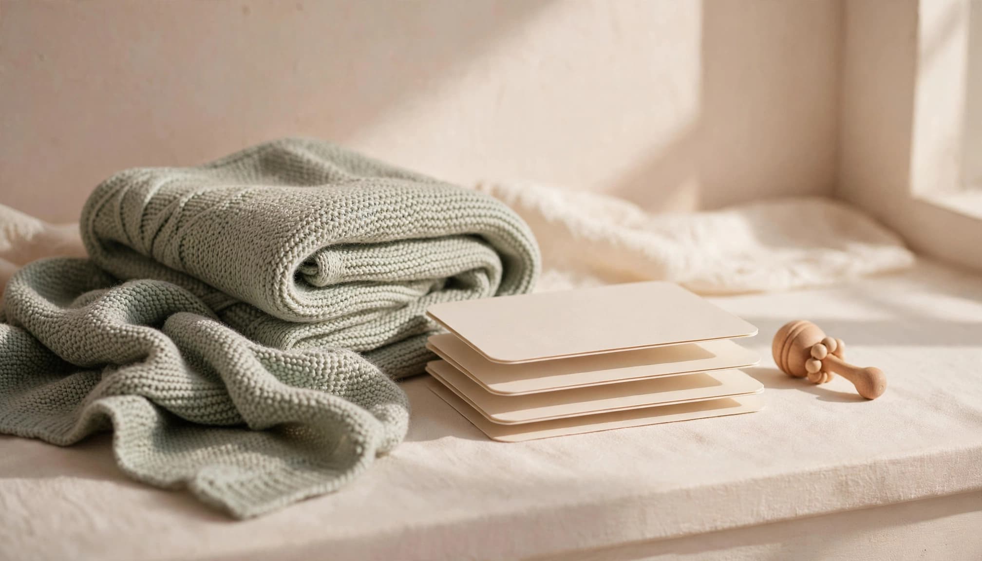 Baby-name cards beside a knitted blanket and wooden rattle on a sunny nursery shelf.