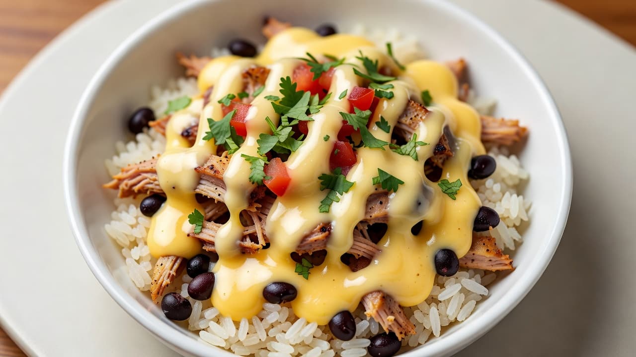 A vibrant burrito bowl contains seasoned beans, fluffy rice, and savory meat, topped with a rich drizzle of yellow queso. The dish rests on a dark surface under bright professional lighting.