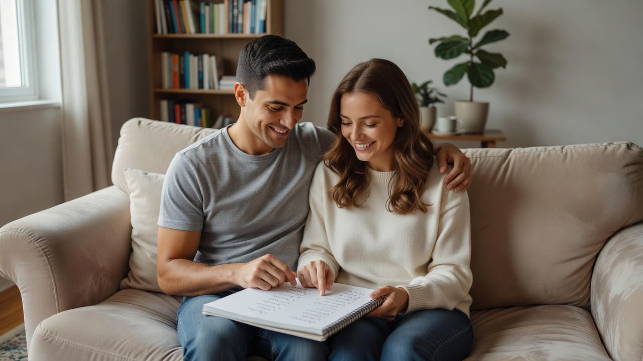 A smiling young couple sits closely on a comfortable sofa while reviewing a blank notepad. Soft natural light fills the living room, creating a warm atmosphere as they brainstorm baby names.