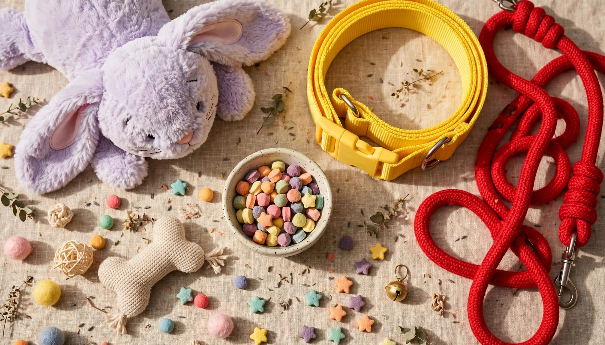 Pet toys, treats, and accessories arranged around a small ceramic bowl.