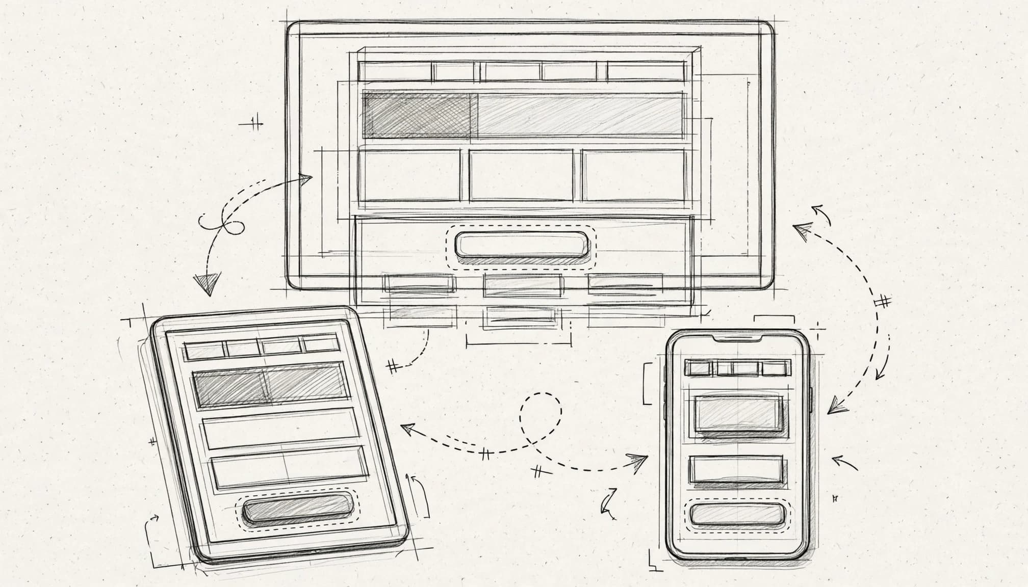 Desktop, tablet, and mobile wireframes connected by arrows on a light paper background.