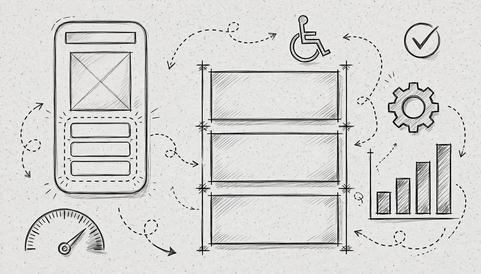 Sketchbook diagram showing mobile layout, accessibility focus, and website performance checks.