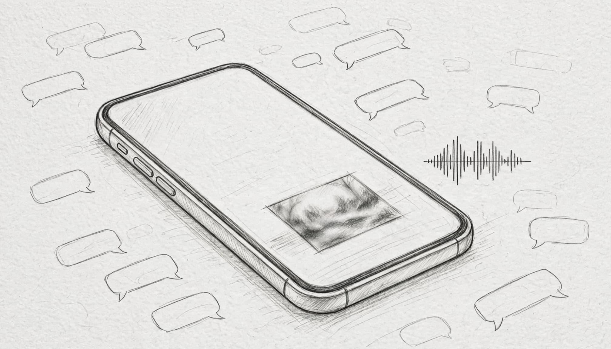 Arka planda konuşma baloncukları olan, ekranda fotoğraf minyatürü ve ses dalgası bulunan bir akıllı telefon çizimi.