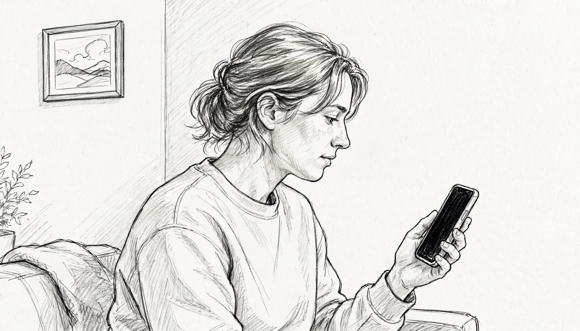 Grafit kalemle çizilmiş, akıllı telefonuna bakan bir kişinin profili.