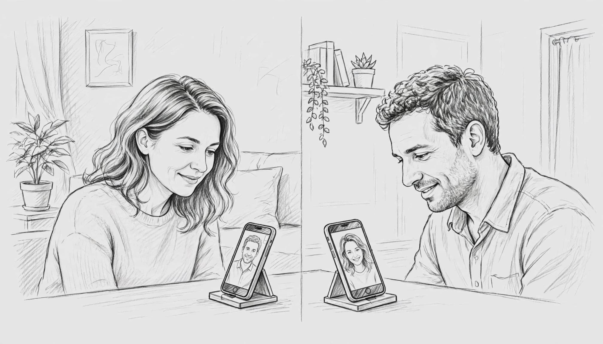 İki yetişkin, ayrı evlerden telefon ekranlarıyla görüntülü sohbet ediyor.