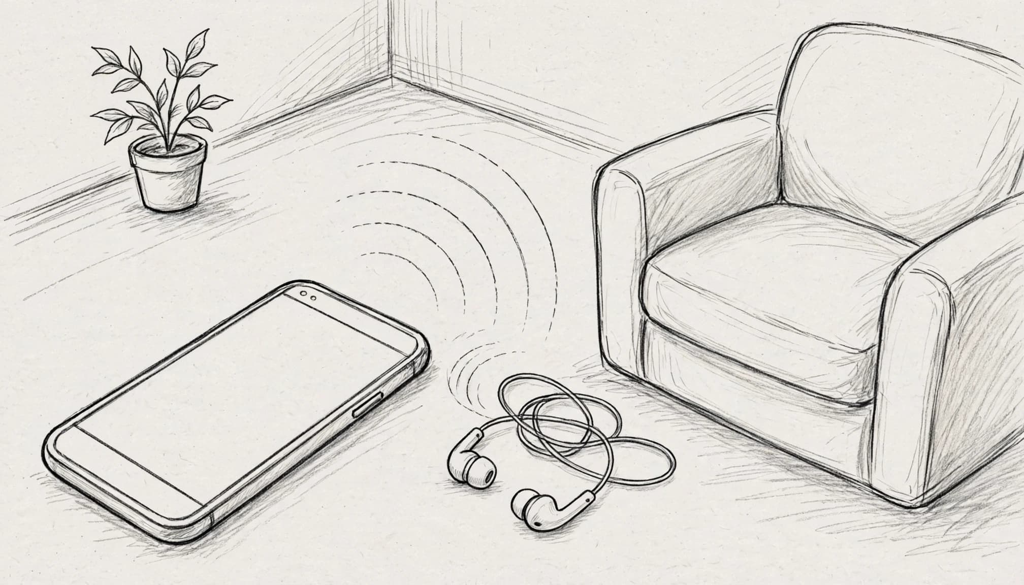 Boş ekranlı telefonun yanında kulaklıklar ve ses dalgaları var.