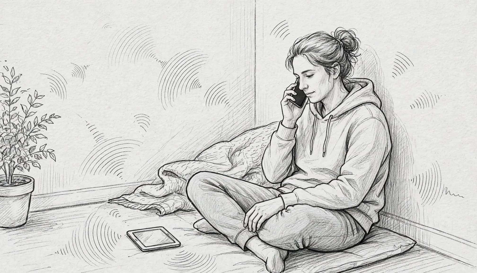 Bir kişi, yanında küçük bir tablet dururken telefonuyla sesli sohbete katılıyor.