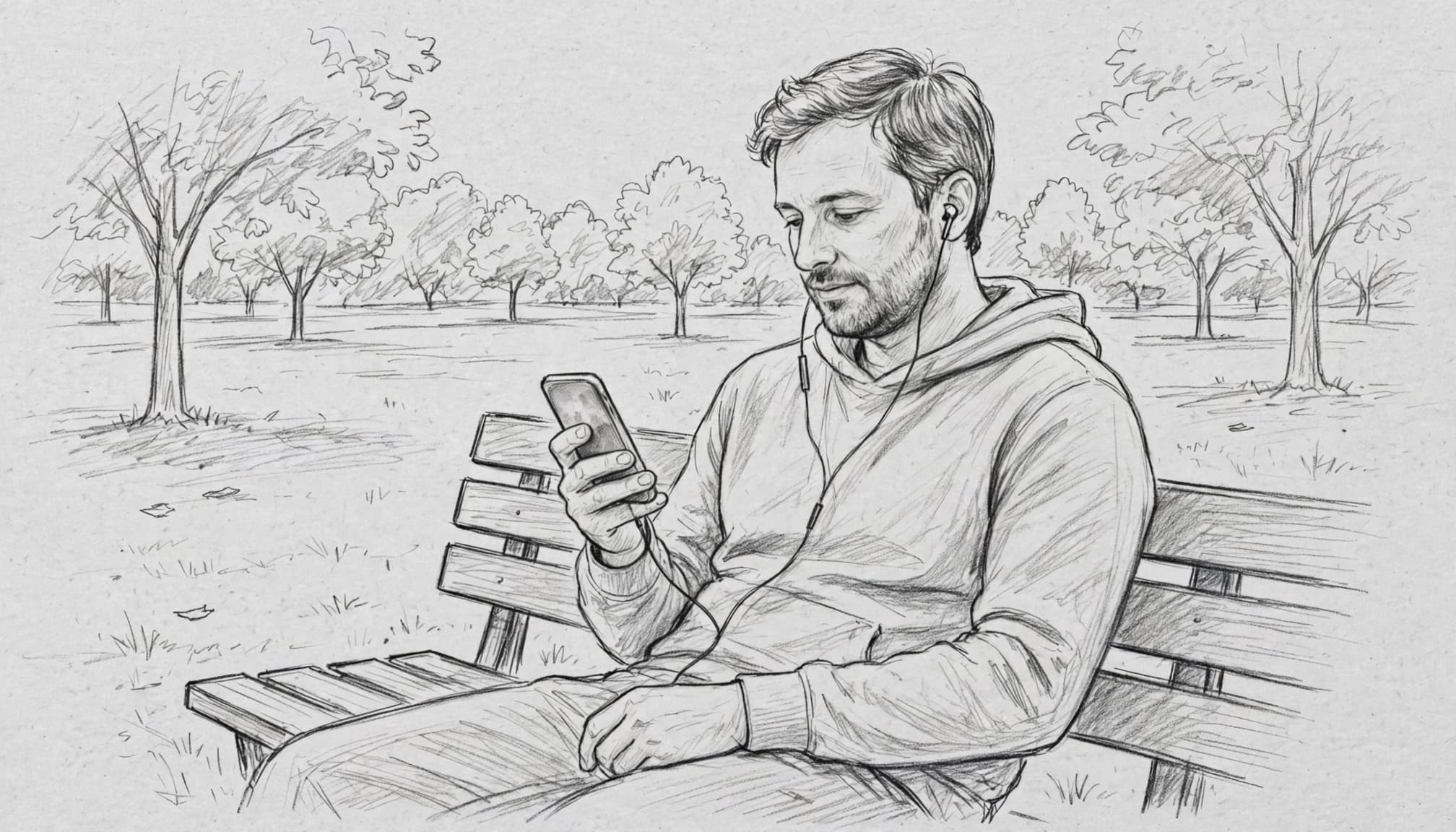 Park bankında kulaklıkla telefon görüşmesi yapan bir yetişkin.