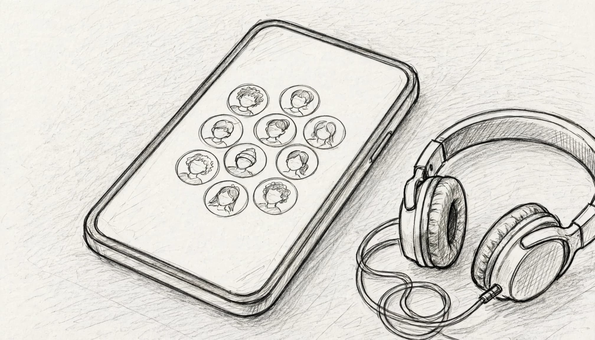 Masada duran bir akıllı telefonun ekranında profil simgeleri ve yanında kulaklık çizimi.