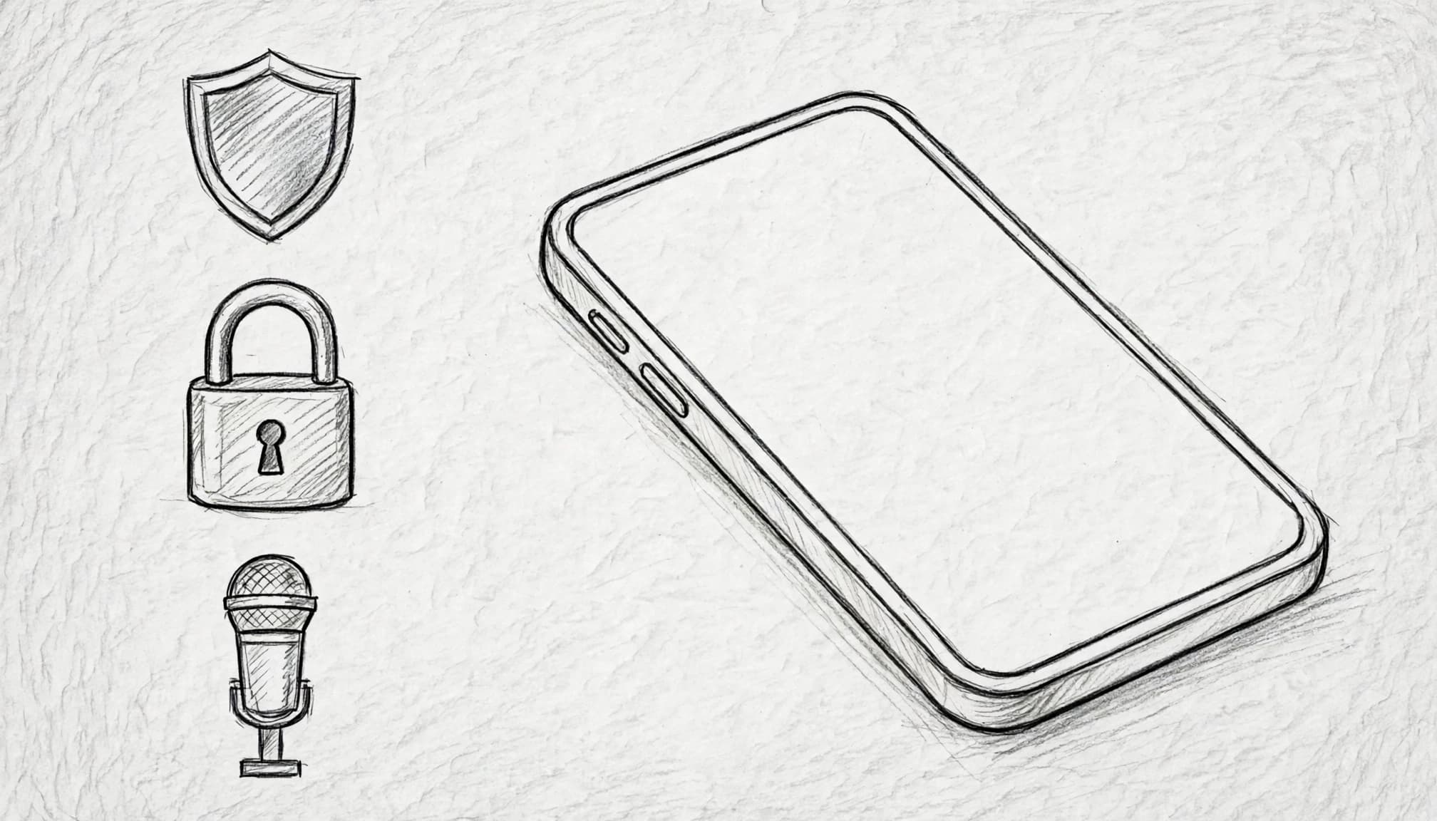 Ekranı boş bir telefonun yanında kalkan, kapalı kilit ve mikrofon simgeleri bulunuyor.