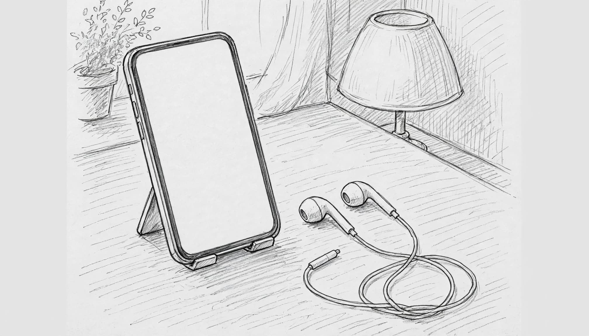 Bir standdaki telefonun yanında kablolu kulaklıklar, arka planda bir lamba görülüyor.