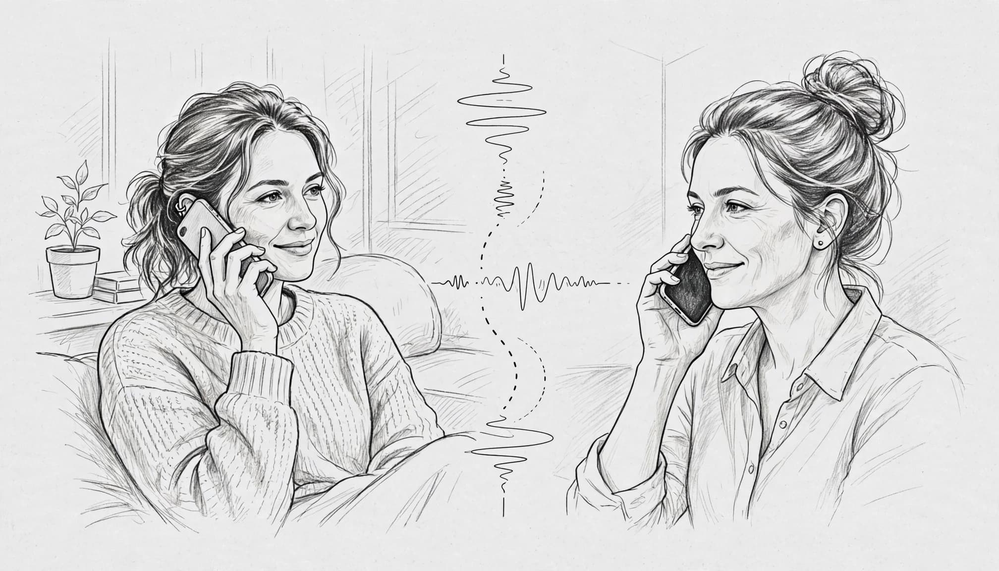 İki kadın, ayrı portrelerde telefonla rahatça konuşuyor.
