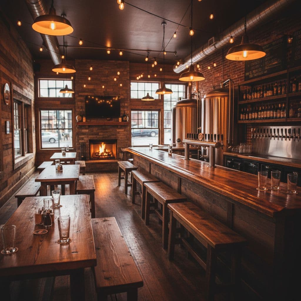 Empty indoor brewery with rustic wooden furniture, wooden bar counter, and warm ambient lighting.