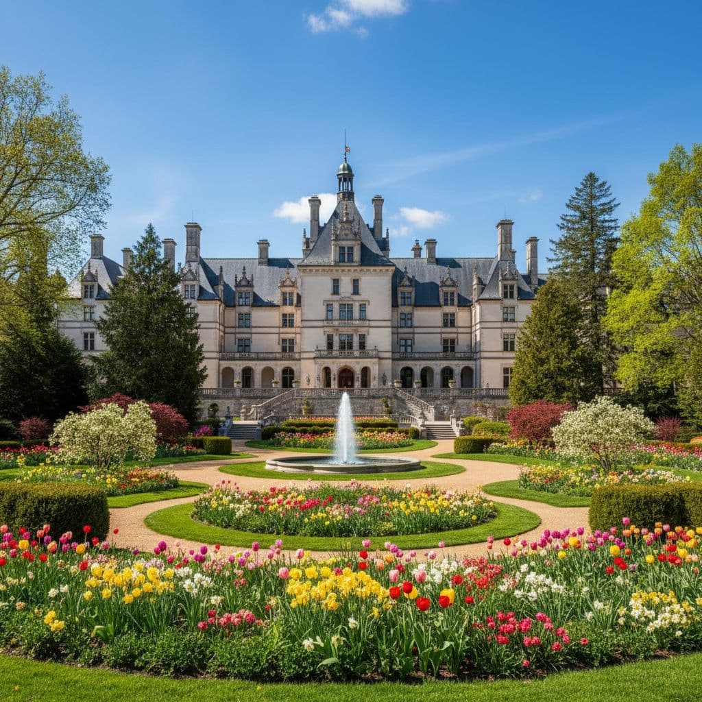 Front facade of Biltmore Estate with rolling grounds and colorful formal gardens under blue sky.