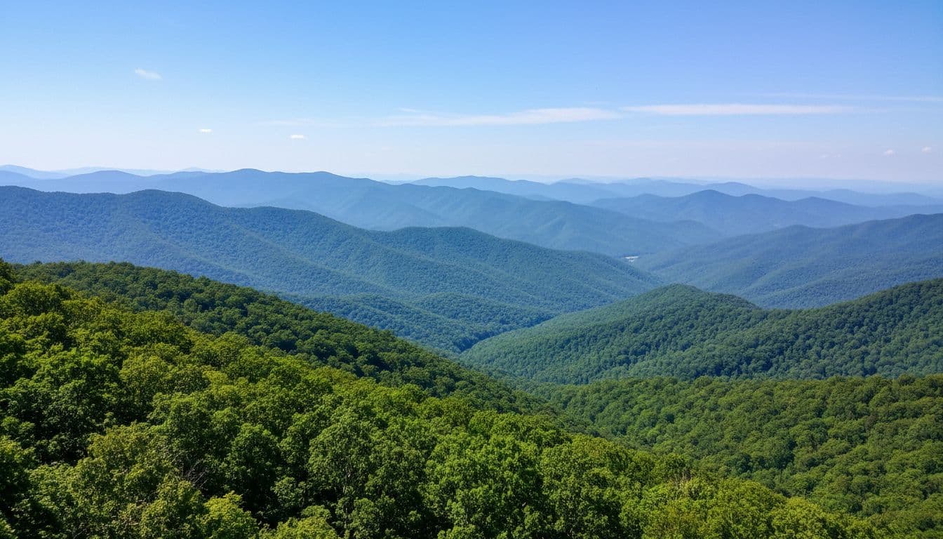 Layers of mountain ridges fade into blue haze from high overlook with forest canopy foreground.