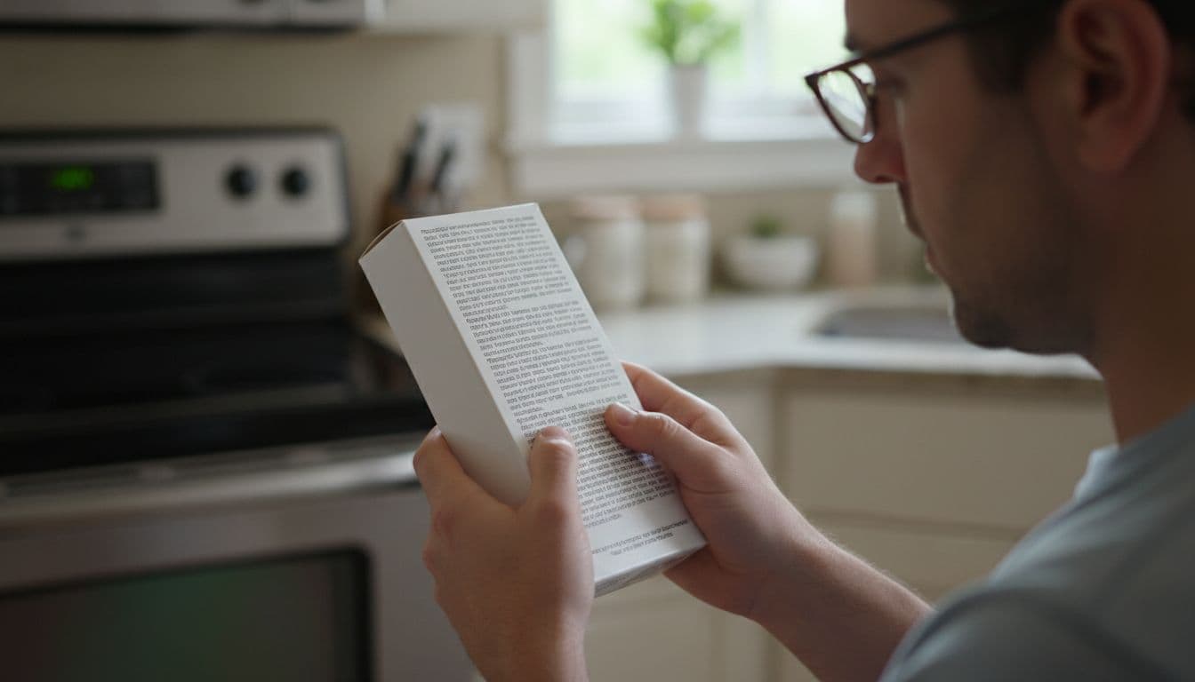 A person inspects the back of a product package for safety information in a kitchen setting.