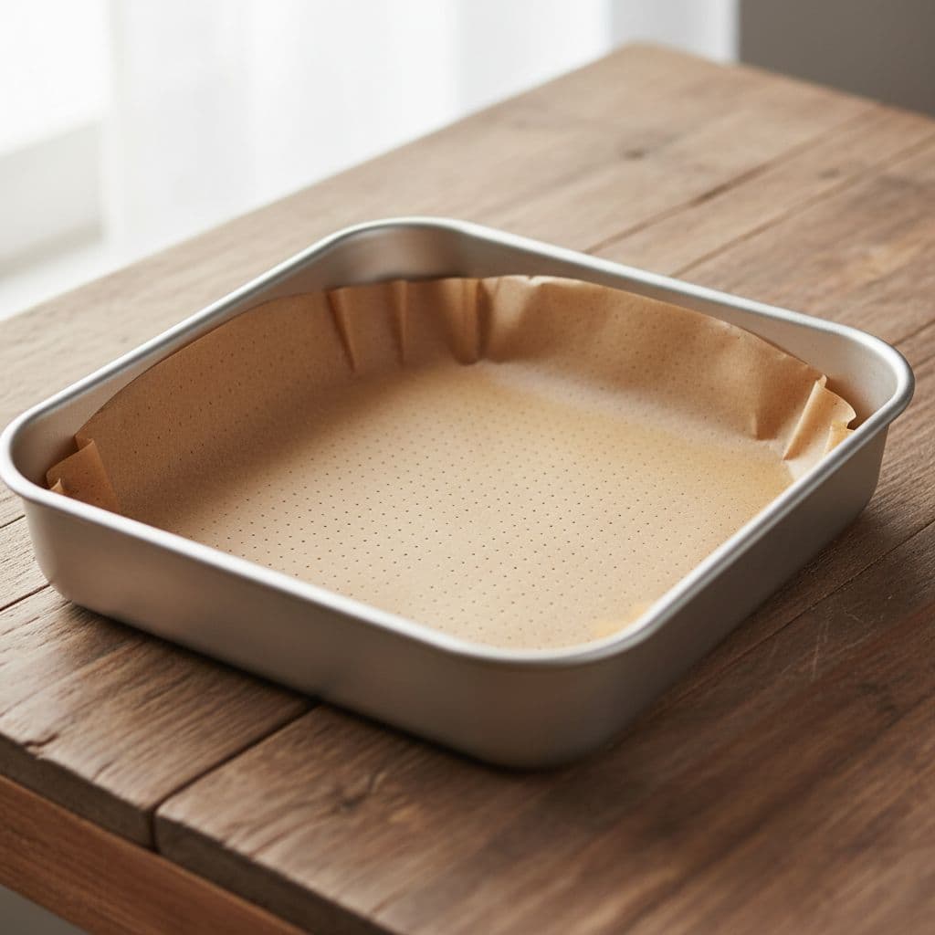 A circular parchment paper liner with small perforations sits inside a metal baking pan on a wooden counter.