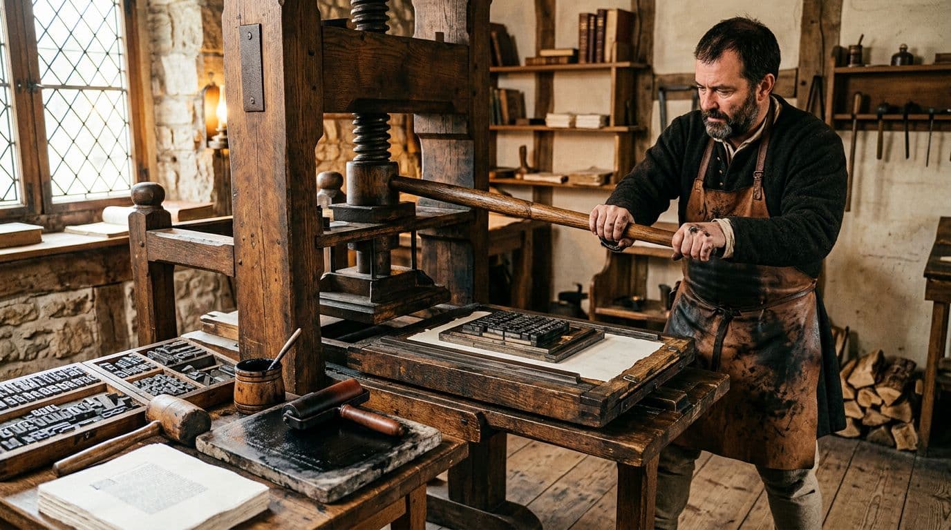 A man in period clothing operates a wooden printing press with blocks of type and ink rollers in a detailed realistic 15th-century workshop, illuminated by warm ambient light, focused composition with no clutter or additional people.