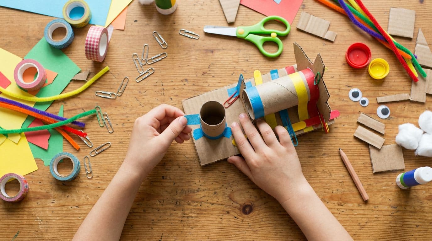 Top view of two relaxed child hands constructing a simple prototype using cardboard, tape, paper clips, and household items on a table, with colorful craft materials scattered around in bright natural light, realistic flat lay photo style.