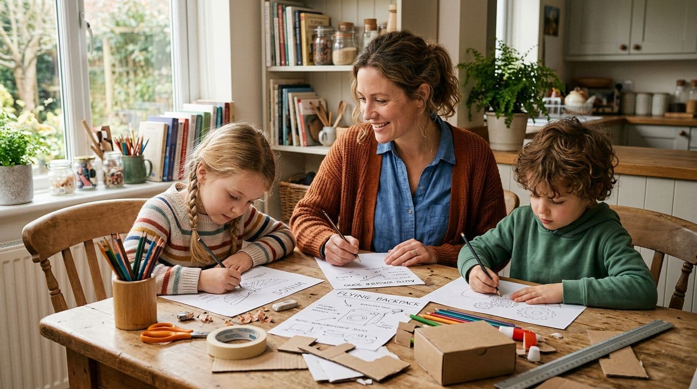 Cozy homeschool kitchen table scene featuring one mom and two young children brainstorming inventions, sketching on paper with pencils amid scattered household items like cardboard, tape, and scissors, illuminated by warm natural light from a window in realistic style with soft shadows.