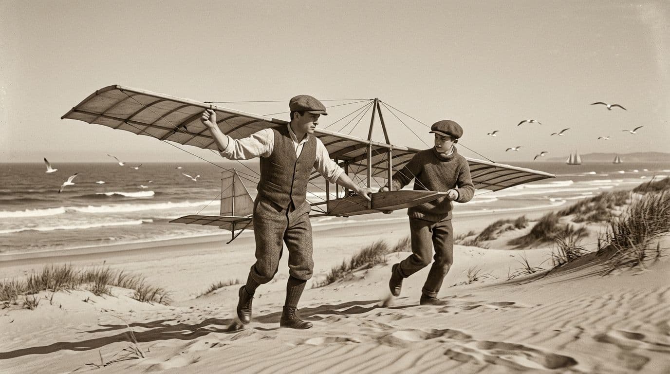 Two brothers dressed in early 1900s clothing test a glider on sandy beach dunes, with wind billowing the fabric wings, under a clear sky with seagulls and distant ocean, in realistic sepia tone vintage photo style.