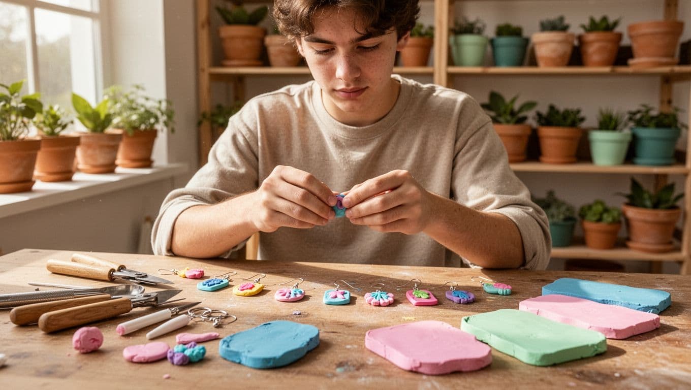 Clay Craft Ideas You Can Sell Online: A young adult in their early 20s sits at a wooden table in a bright sunlit studio, shaping colorful polymer clay into small earrings and keychains with relaxed hands. Foreground features scattered clay tools and pastel slabs, background shows shelves with finished clay pots, in a realistic style with warm cozy mood and high detail textures.